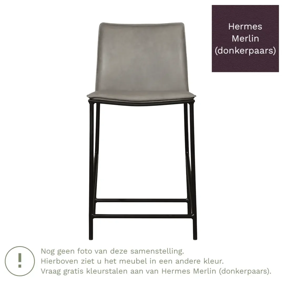 afbeelding van Leren barkruk laag Favor - Hermes Merlin (donkerpaars) - poten staal rond zwart